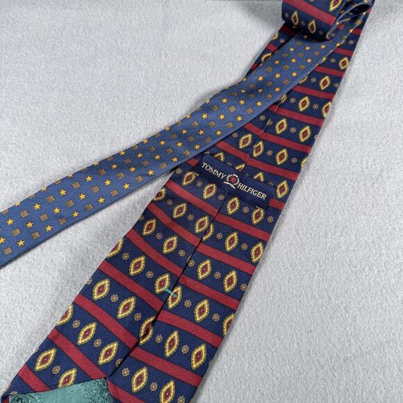 Tommy Hilfiger Tie Mens One Size Navy Red Striped Silk Printed in Italy Made USA - Picture 4 of 6